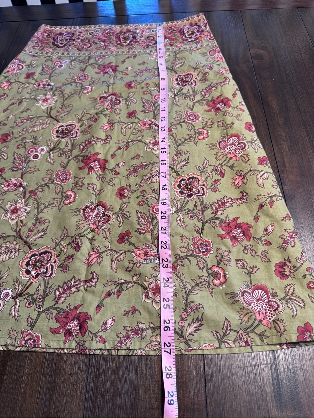Chaudry KC Sample Embellished Floral Midi Skirt Olive Pink Beaded Boho Small NWT - Picture 9 of 14